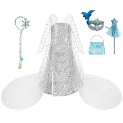 Halloween Costume Princess Elsa Snow Queen White Dress for Girls  Sequined Mesh Ball Gown Carnival Disfraz Kids Cosplay