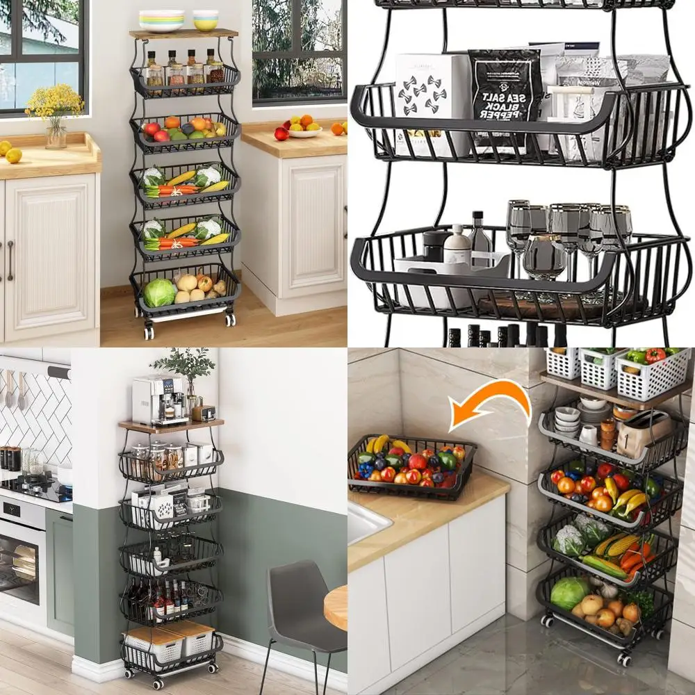 

Черная 6-уровневая кухонная корзина для фруктов и овощей с деревянной столешницей и тележкой для хранения лука, картофеля и многого другого