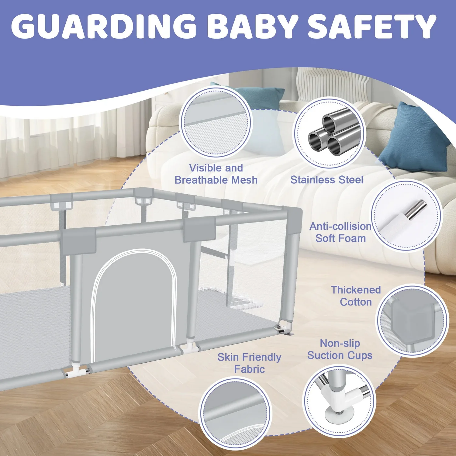 ANGDUO Детский манеж Светло-серый 71-дюймовый большой детский игровой двор с мягкой дышащей сеткой, защитный игровой забор для младенцев и малышей