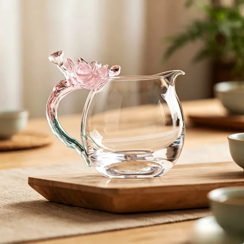 Heat Resistant Crystal Glass Tea Cup with Glazed Lotus Handle Kung Fu Tea Set Zen Style Teaware for Men Gift Box Packaging