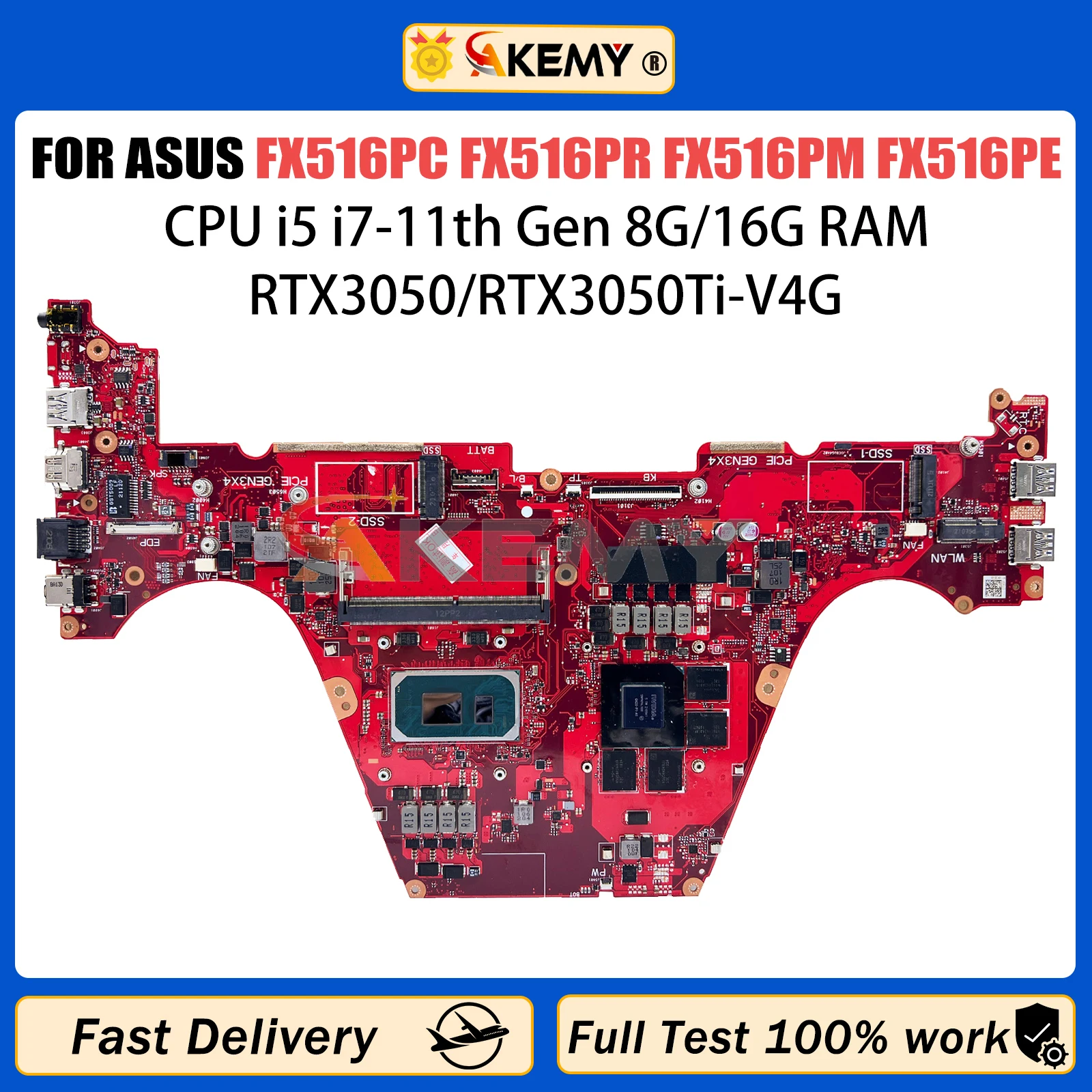 

AKEMY FX516PC Mainboard For ASUS FX516PR FX516PM FX516PE FX516PEZ FX516PCZ Laptop Motherboard with i5 i7 11th RTX3050 RTX3050Ti