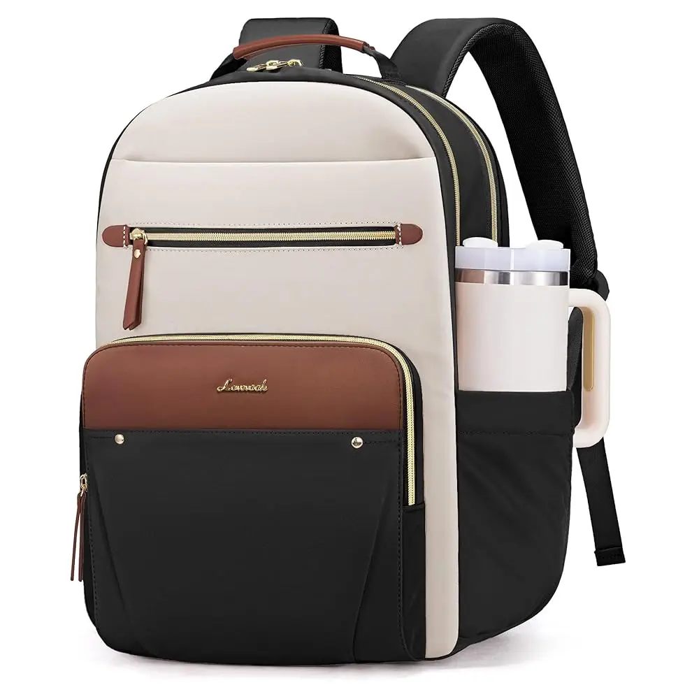 

Laptop Backpack for Women with Leather Trim & Tumbler Pockets, 15.6\ Work Backpack Purse, Travel Personal Item Bag, Carry On