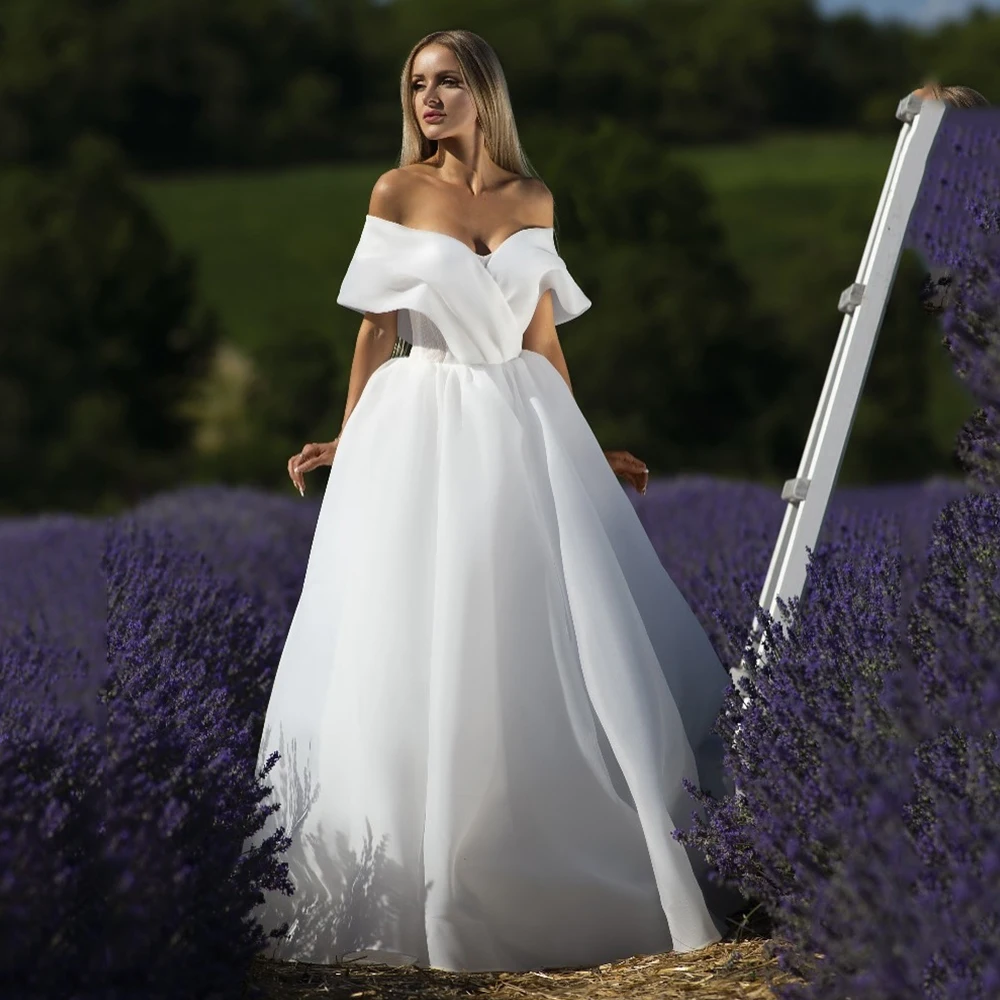

Elegant Off The Shoulder Ivory Organza Satin Wedding Dress For Bride A Line Wedding Gowns Sleeveless Bridal Dress