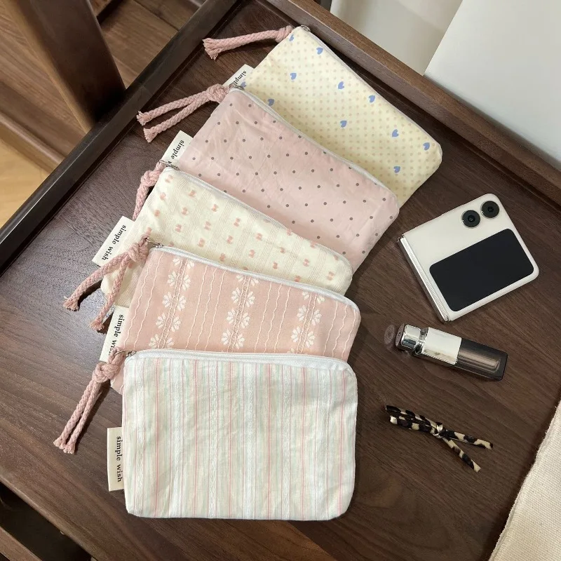 Pink Striped Women Makeup Bag Cute Wallet Mini Cosmetic Bags Portable Key Earphone Lipstick Storage Bag Coin Purse