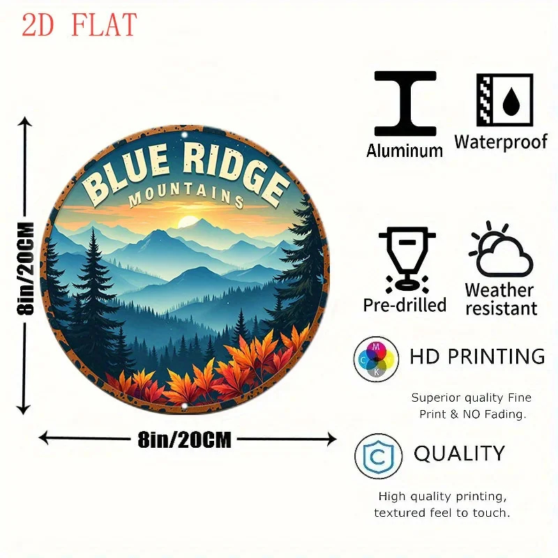 2D Flat - 2D Plane - Round Aluminum Wall Plaque Featuring an Autumn Leaf Scene of The Blue Ridge Mountains, Measuring 20.32 Cm.