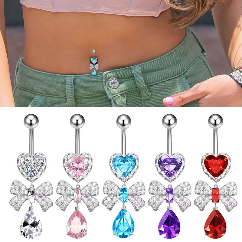 Stainless Steel Belly Piercing Jewelry Exquisite Heart Bow Belly Button Rings For Women Girls Fashion Navel Ring Body Jewelry
