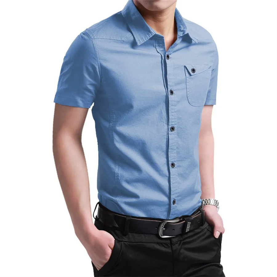 2024 New Men\'s Cotton Shirt Summer Short Sleeve Solid Clothing Casual Tops Lapel Slim Fit Business Office Shirts Oversize 5XL