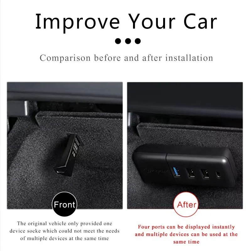 Tesla Model Y Model 3 USB Hub Ports Glove Box Docking Station Quick Charger 4 USB Shunt Hub Flocking Adapter Powered Splitter