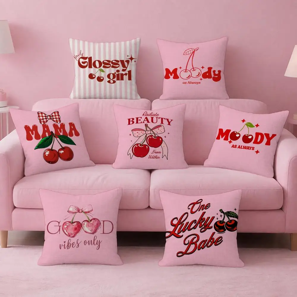 Art Cherry Cushion Cover Pink Linen Texture Cushion Cover Double Sided Invisible Zipper Deco