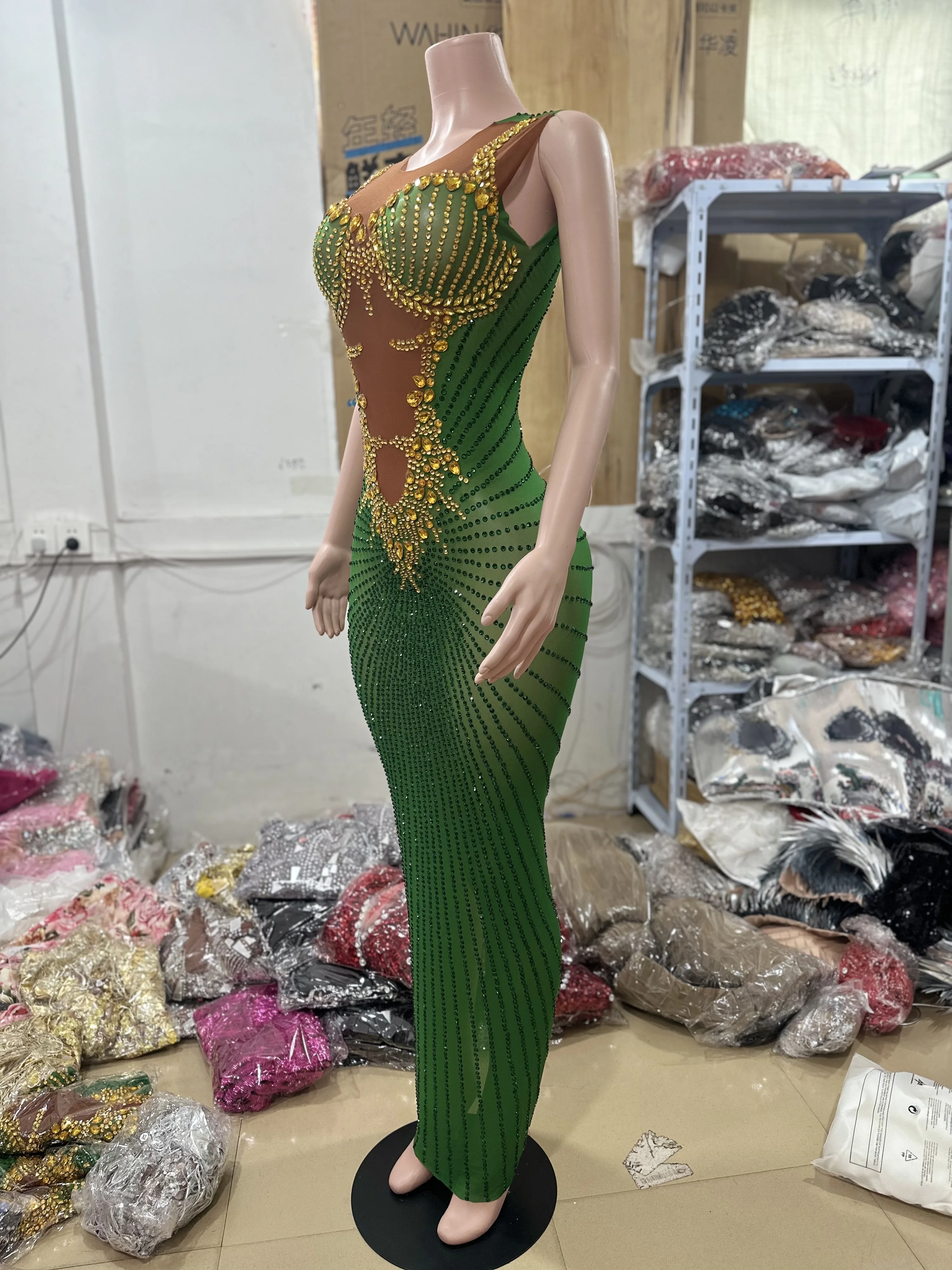 Women Shining Gold Rhinestones Transparent Green long Dress Sexy Evening Birthday Celebrate   Party Dance Performance Costume