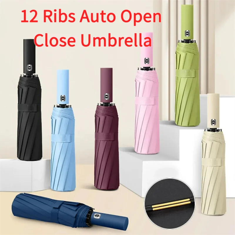 

12 Ribs Auto Open Close Umbrella, Windproof Thickened Ribs, 3-Fold UV Protection Sun & Rain Folding Umbrella