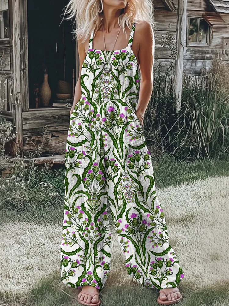 2026 New Style Fashionable Women's Printed One-Piece Pants, Bohemian Square Neckline, Loose Wide Legs, Elastic Waistband, Light-Colored Print, American Size, Shipped from the US Warehouse, Fast Delivery, Outdoor Vacation Sleeveless Fashionable Casual Clot
