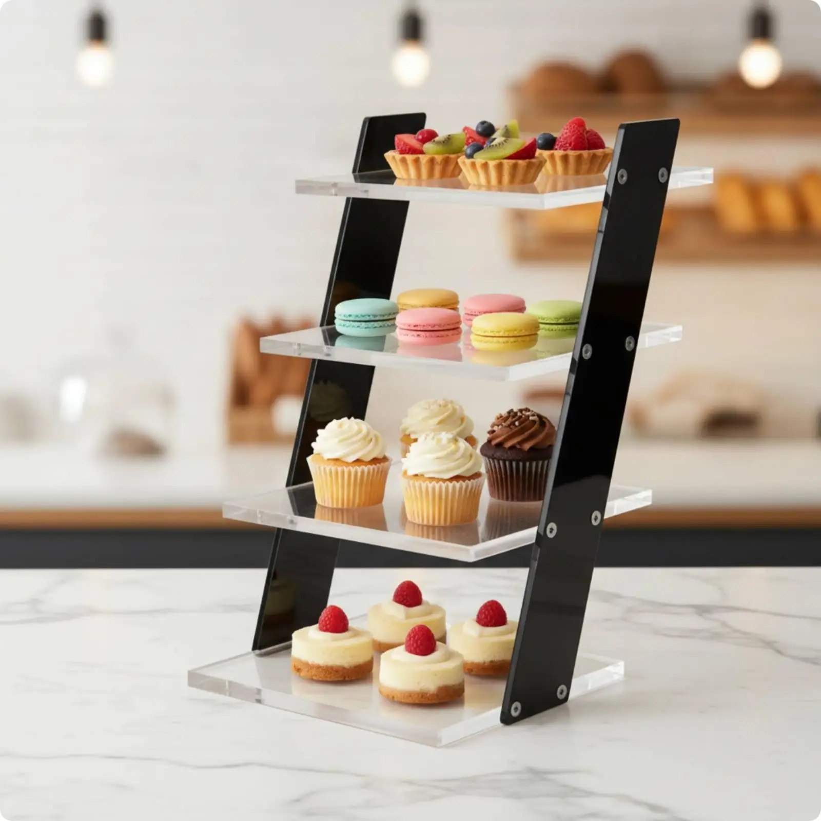 Four-Tier Dessert Display Rack Easy to Install Acrylic Tiered Dessert Stand Cupcake Display Rack with Clear Shelves Removable