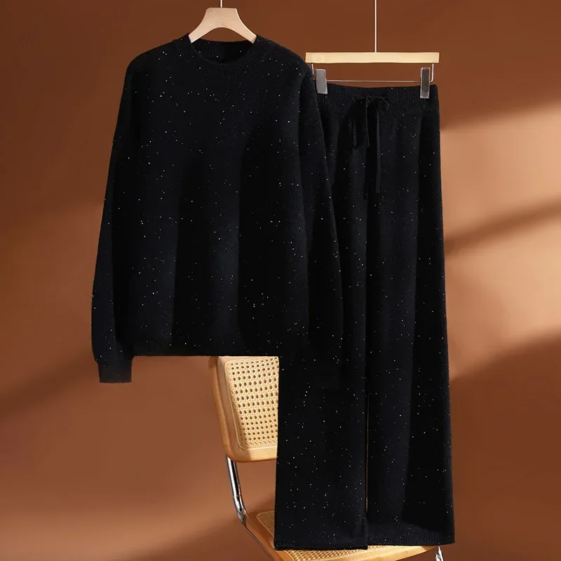 Women 100% Wool Knit O-neck Pullover Sweater Wide Leg Pants Set Autumn Winter Casual Sequin Dropping Shoulder Cashmere Knitwear