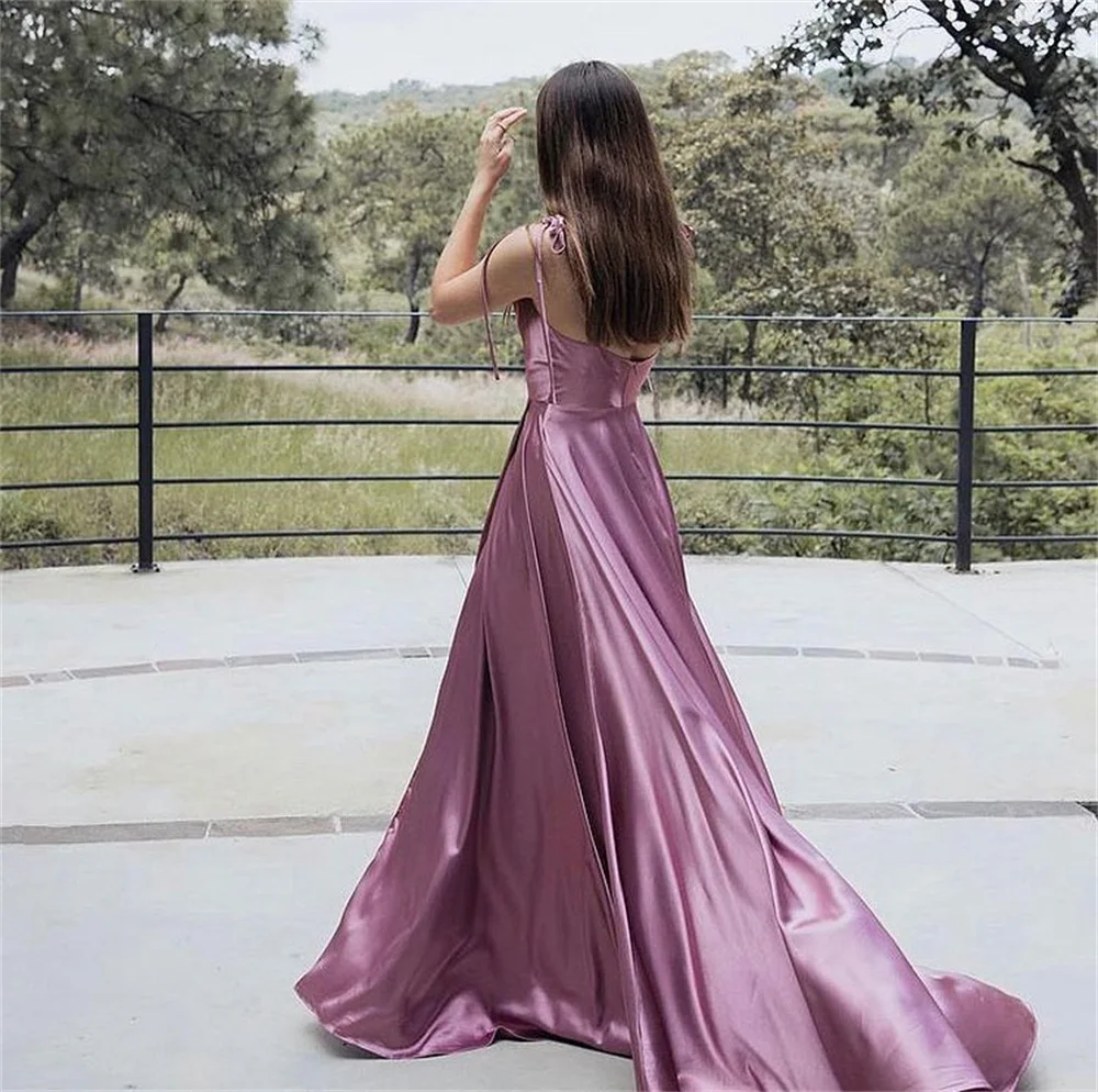 Women Dark Pink Cowl Neck Long Prom Dress Sexy Spaghetti Straps Leg Slit Satin Maxi Dresses for Female Party Vestidos Gala