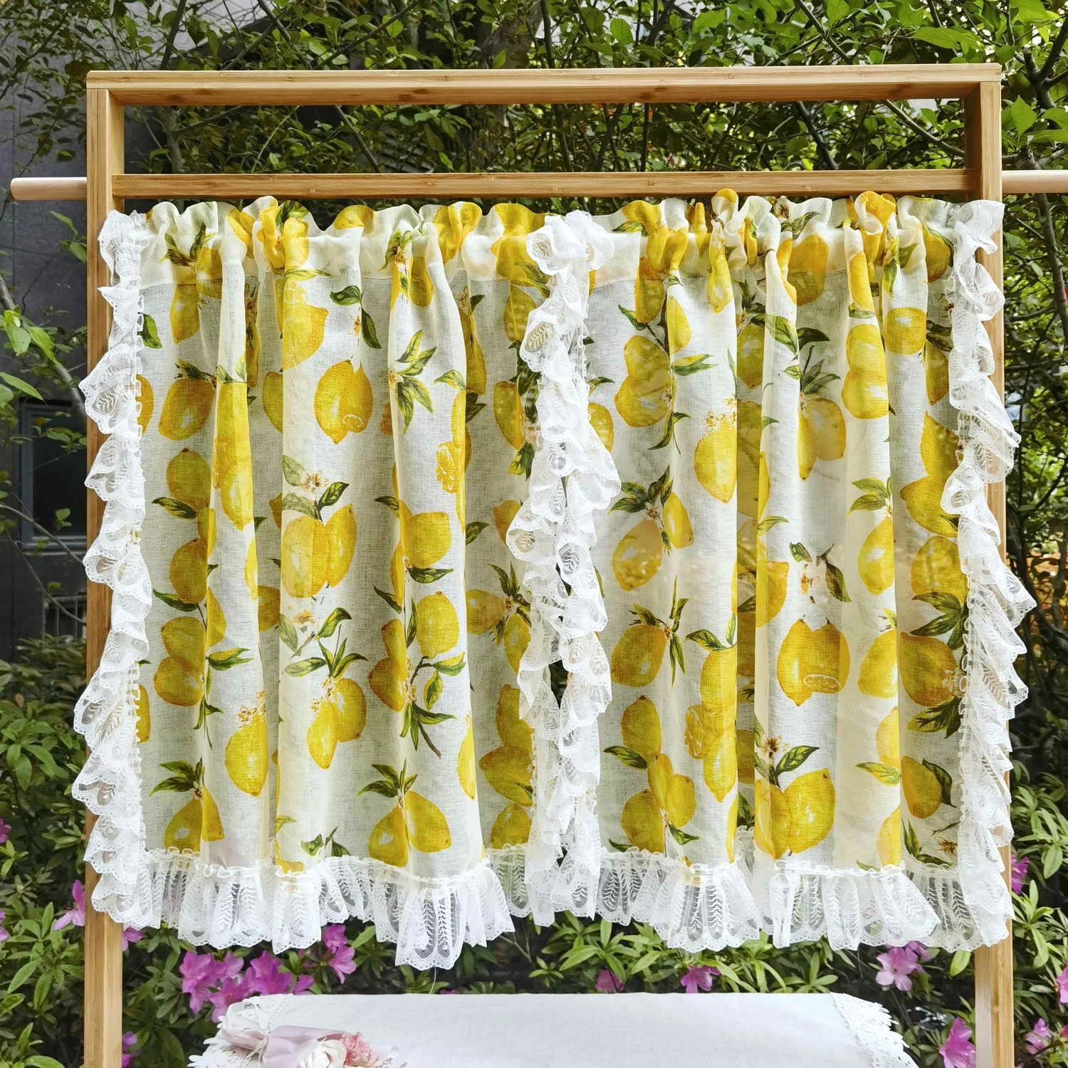 1Panel Yellow Lemon Print Tulle Curtains with White Lacework ,Pastoral Small Window, Kitchen Short Drapes Cabinet Dust Decor