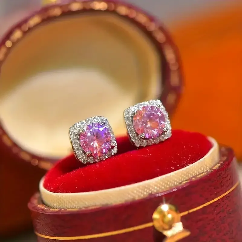 طلاء الفضة عيار 925. 1 قيراط مويسانيتي وردي * 2، أقراط عصرية للرجال والنساء