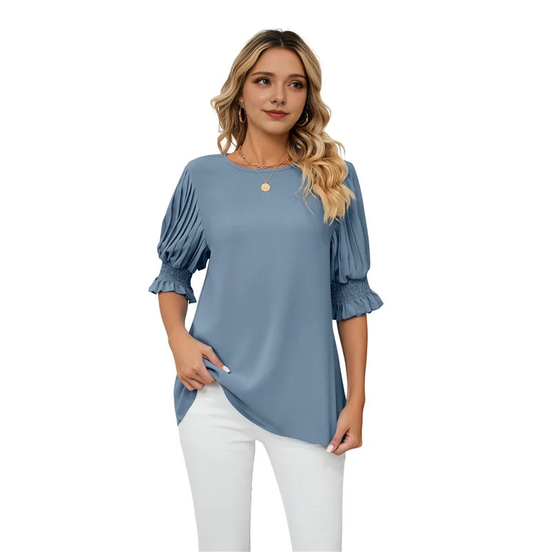 

AG-Blouses For Women Dressy Casual 1/2 Length Sleeve Womens Tops With Smocked Cuffs