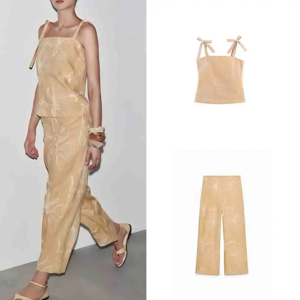 

Women's 2025 New Fashion bow shoulder strap design short floral embroidery top retro sleeveless women's vest chic top+Pants suit
