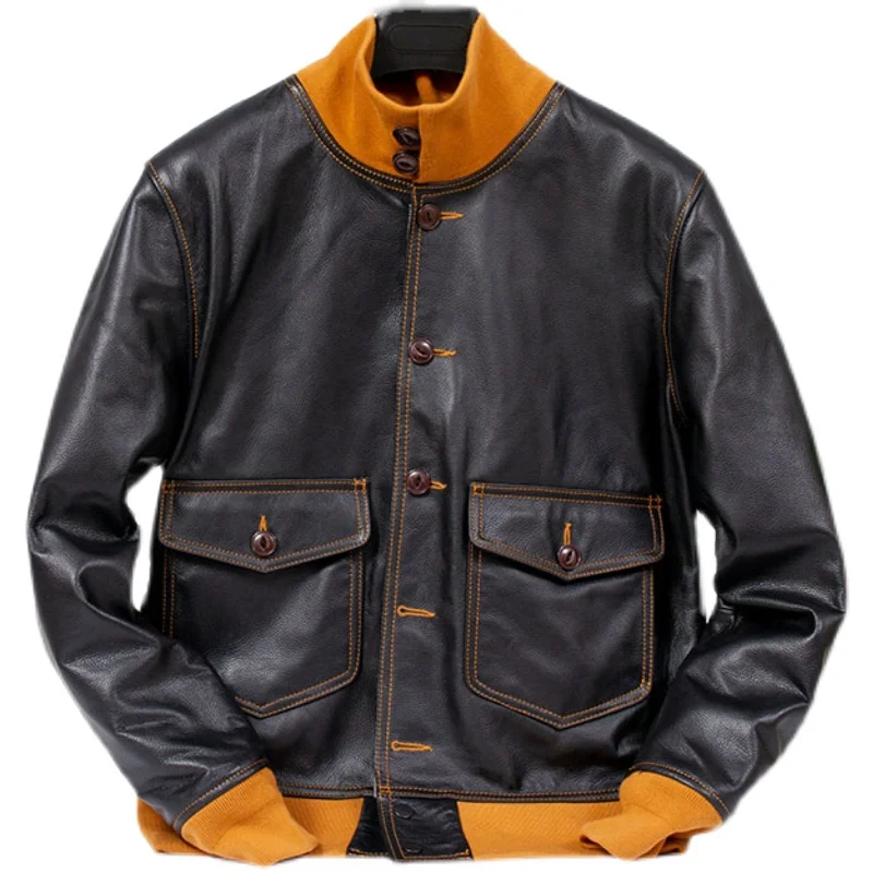 

American Retro Men's Genuine Top Layer Cowhide Leather Flight Jaet A Sle Fitted Casual Coat with Side S kets