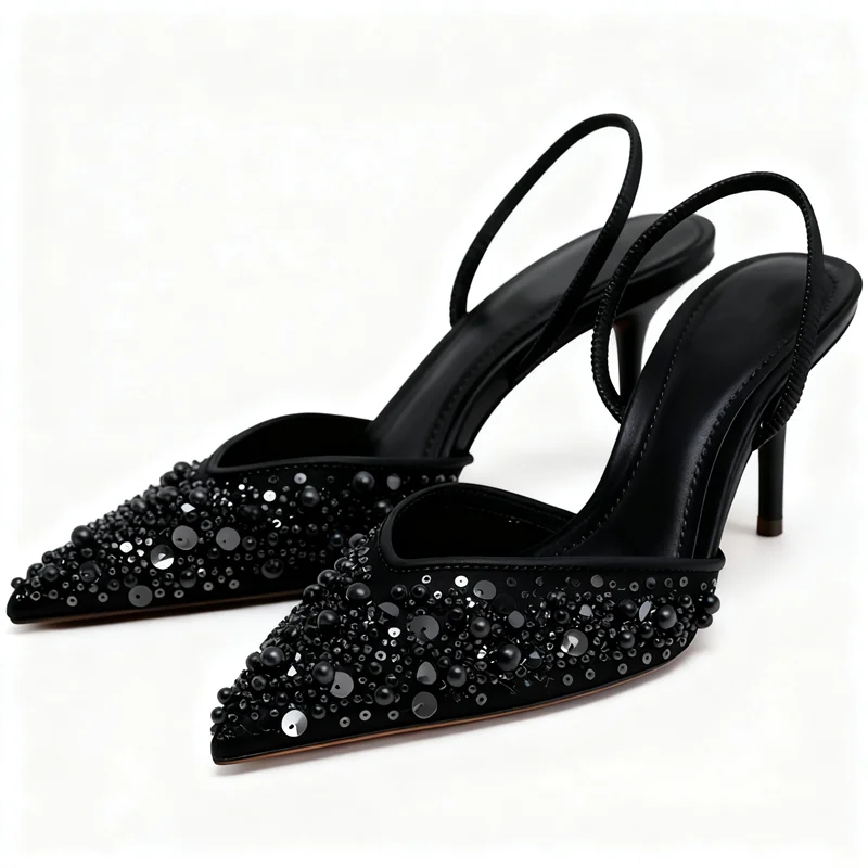 

Luxury Bling String Bead Decorate Heels Women Fashion Pointed Toe Mesh Designer Shoes Elegant Thin Heel Slingback Zapatos Mujer