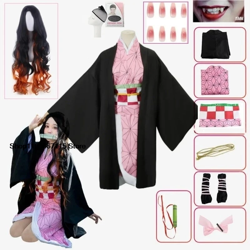 

Nezuko Cosplay Anime Demon Slayer Kimetsu No Yaiba Cosplay Costume Wig & Accessories Kamado Kimono Uniform Halloween Clothes