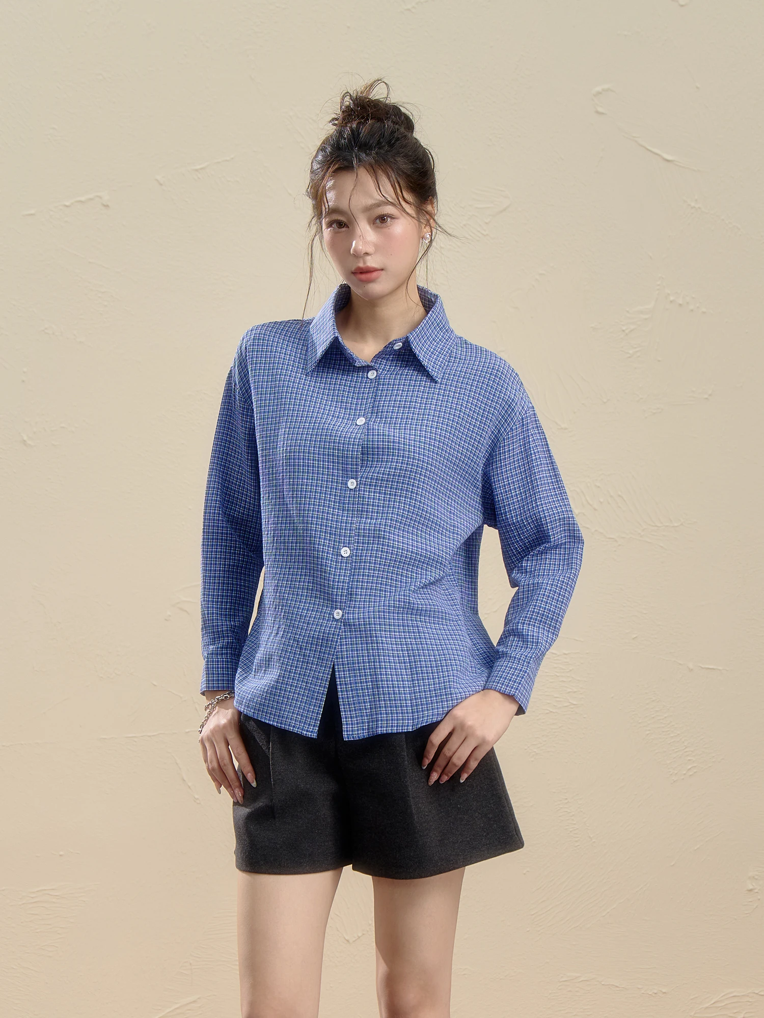 

Blue Plaid Long Sve irt Women's Artistic Design Slimming irt Ciwalk Faion Polyester Cotton Blend Knitted Blouse