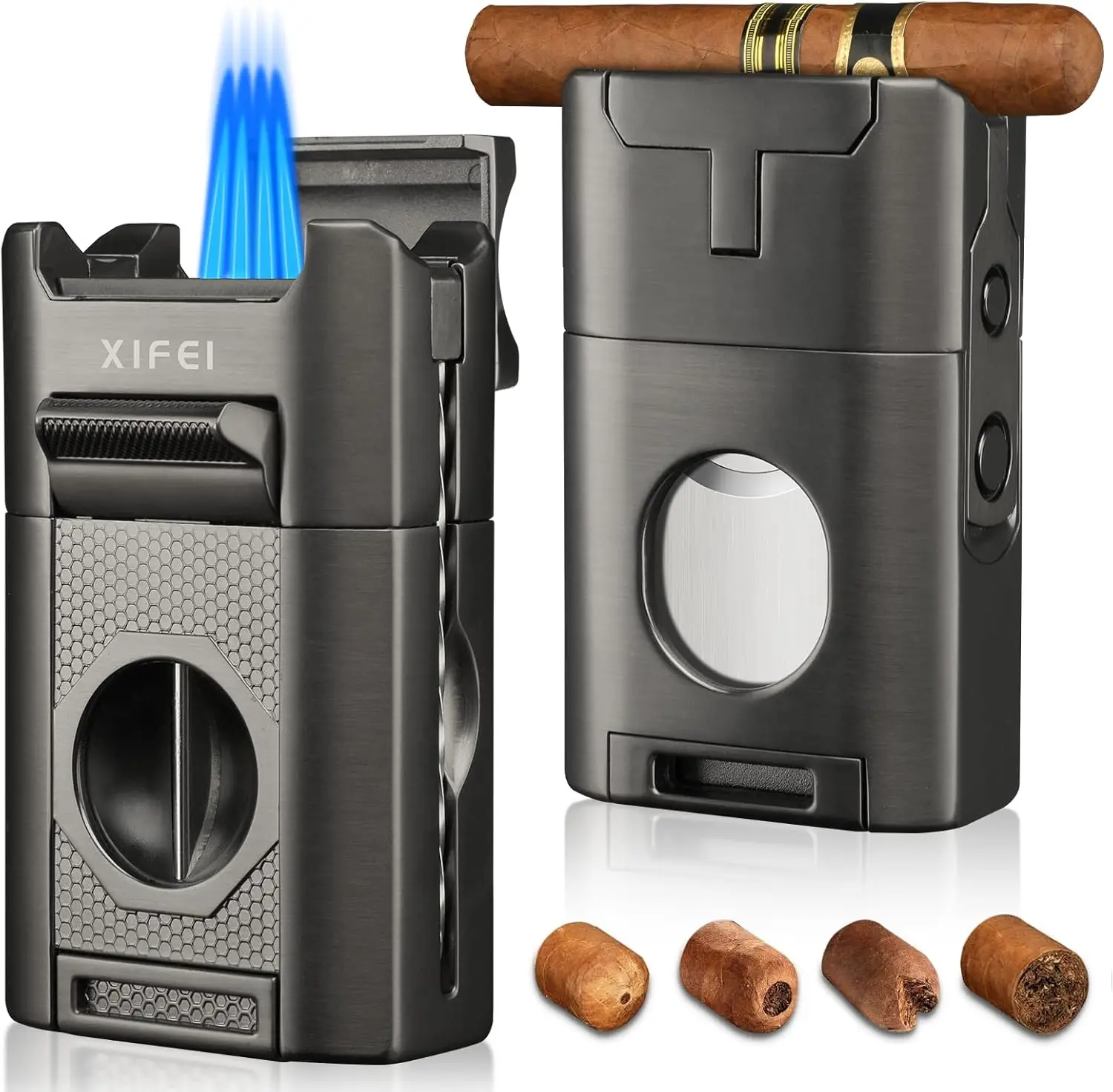 

6-in-1 Cigar Lighter with Torch, Cutter, Punch, Enhancer, Holder - Refillable Butane Gift for Men in Gray