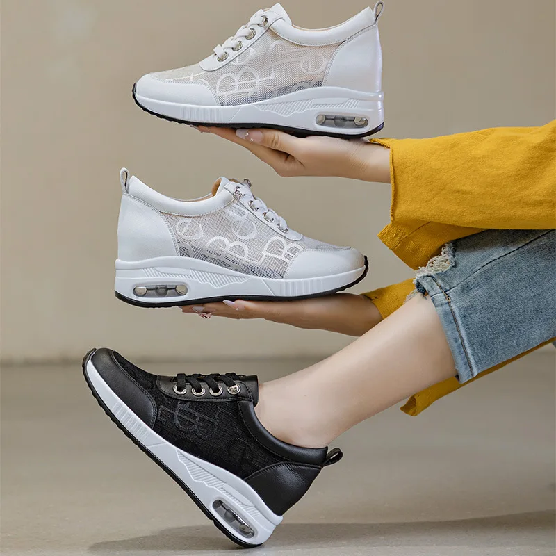

2025 New Women Shoes White Sneaker Summer Mesh Breathable Thick Soled Increased Height Casual Shoes Platform White Sneakers
