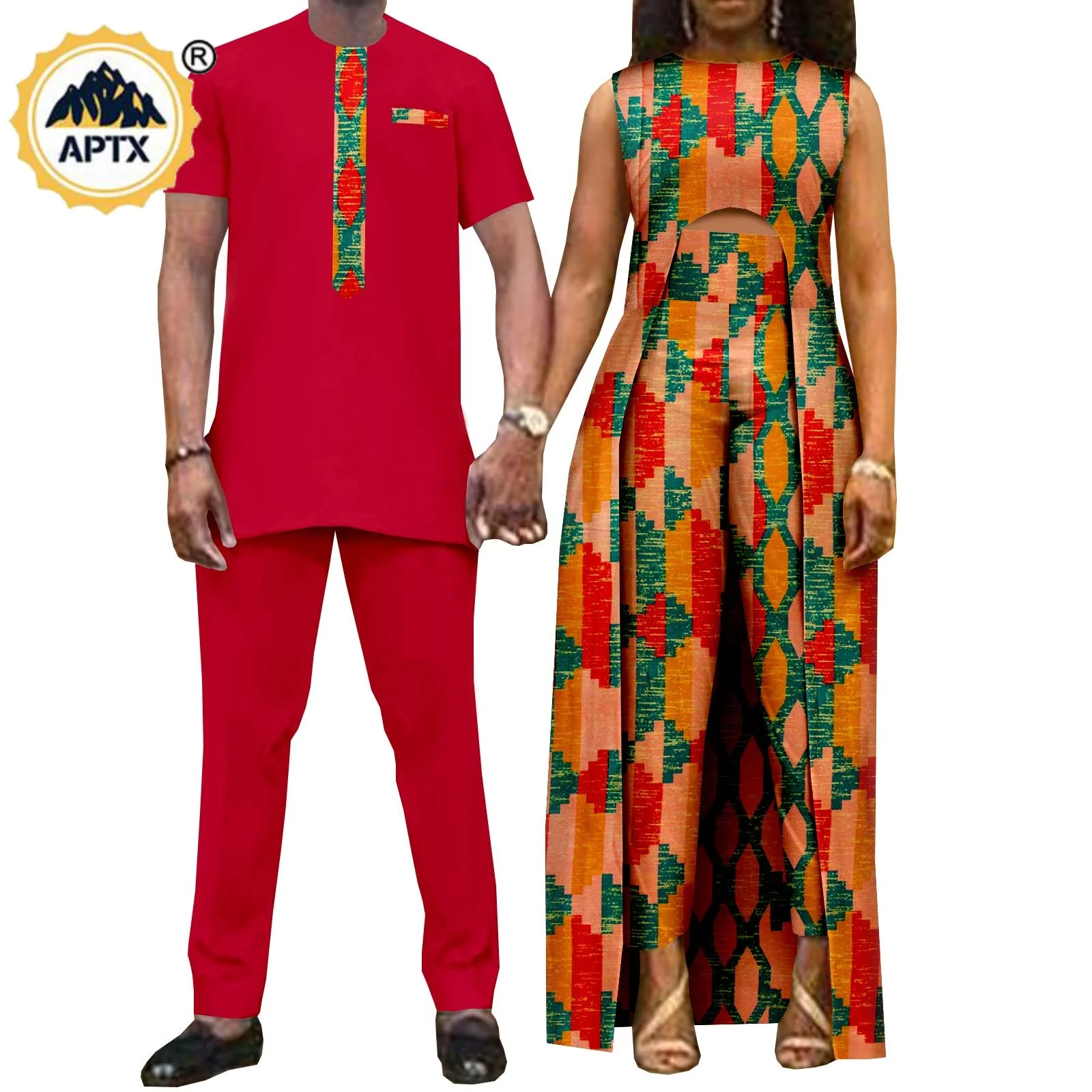 African Couples Women Print Wax Cotton Patchwork Fashion Hot Dress& Men 2  Pieces Shirt and Pants Sets Y22C068