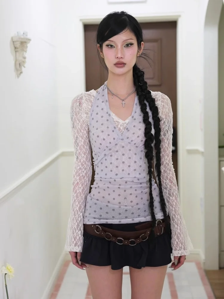 

Сексуальный длинный све в горошек, кружевной жилет в стиле ретро, комплект для похудения, женская повседневная летняя футболка с v-образным вырезом и принтом