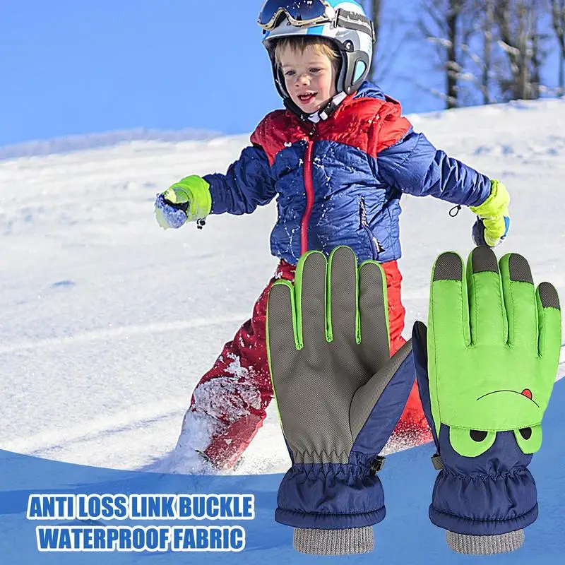 Snow Gloves For Kids Cartoon Bear Fleece Winter Gloves Thick Insulated Windproof Anti Slip Kids Waterproof Gloves For Riding