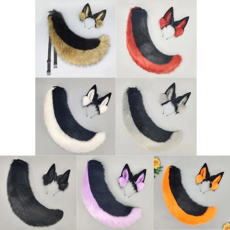 5asd Wolf Cats Foxes Tail with Cats Ears Headbands Halloween Christmas Cosplay Party Costume Toy for Woman Man Cats Costume