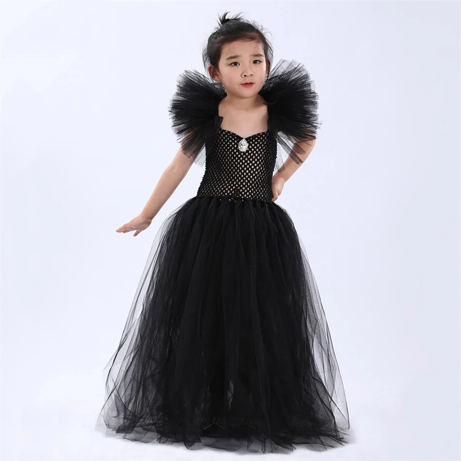 Schwarzes Hexen-Prinzessinnenkleid für Kinder, Tüll-Tutu mit Rüschen, Böse-Königin-Cosplay-Kostüm, Maleficent-Halloween-Geburtstagskleid für Mädchen – Detail 10