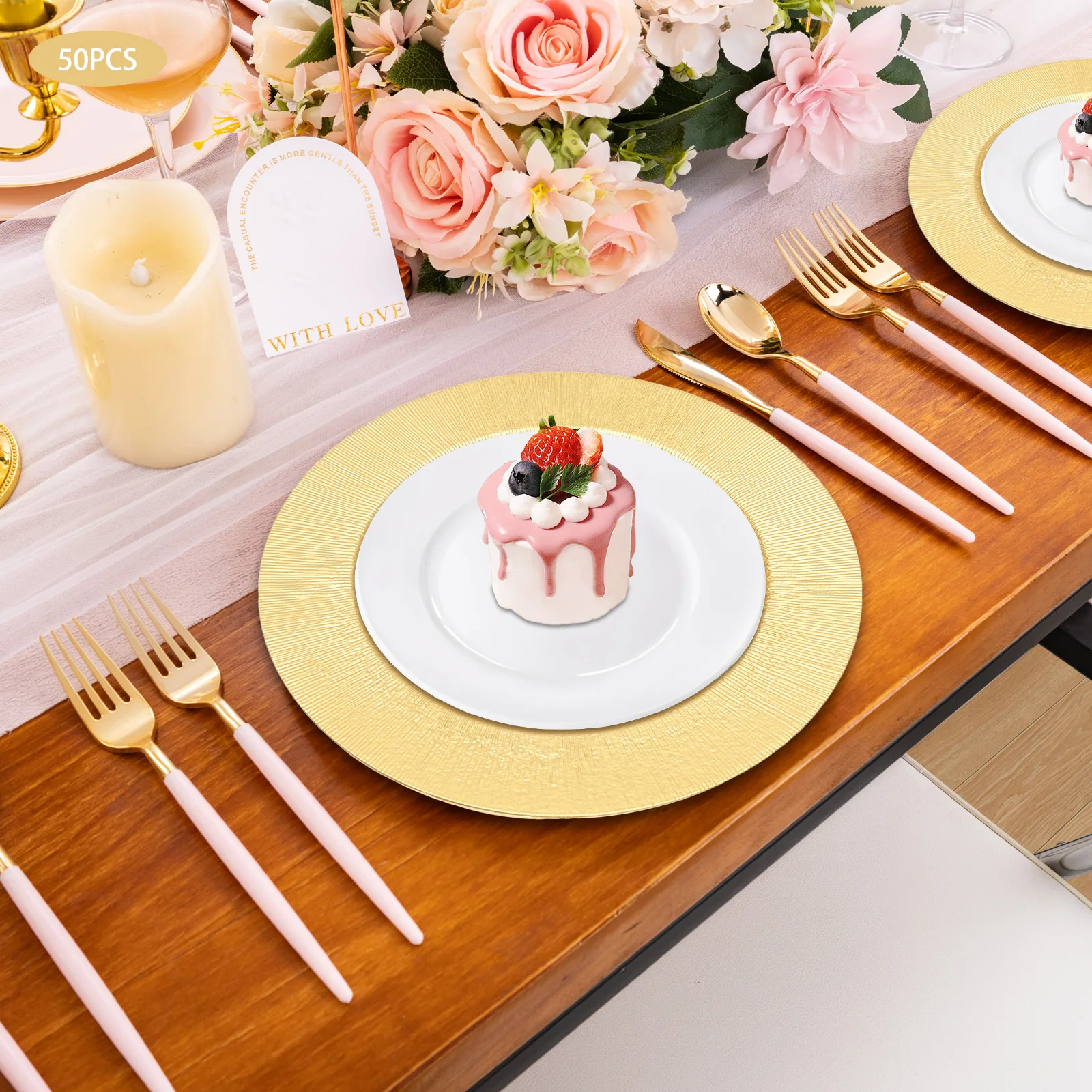 

33*2cm Round Charger Plates 50 Pieces Gold Charger Plates Set, Reusable Serving Plates for Birthday Parties, Holidays Events