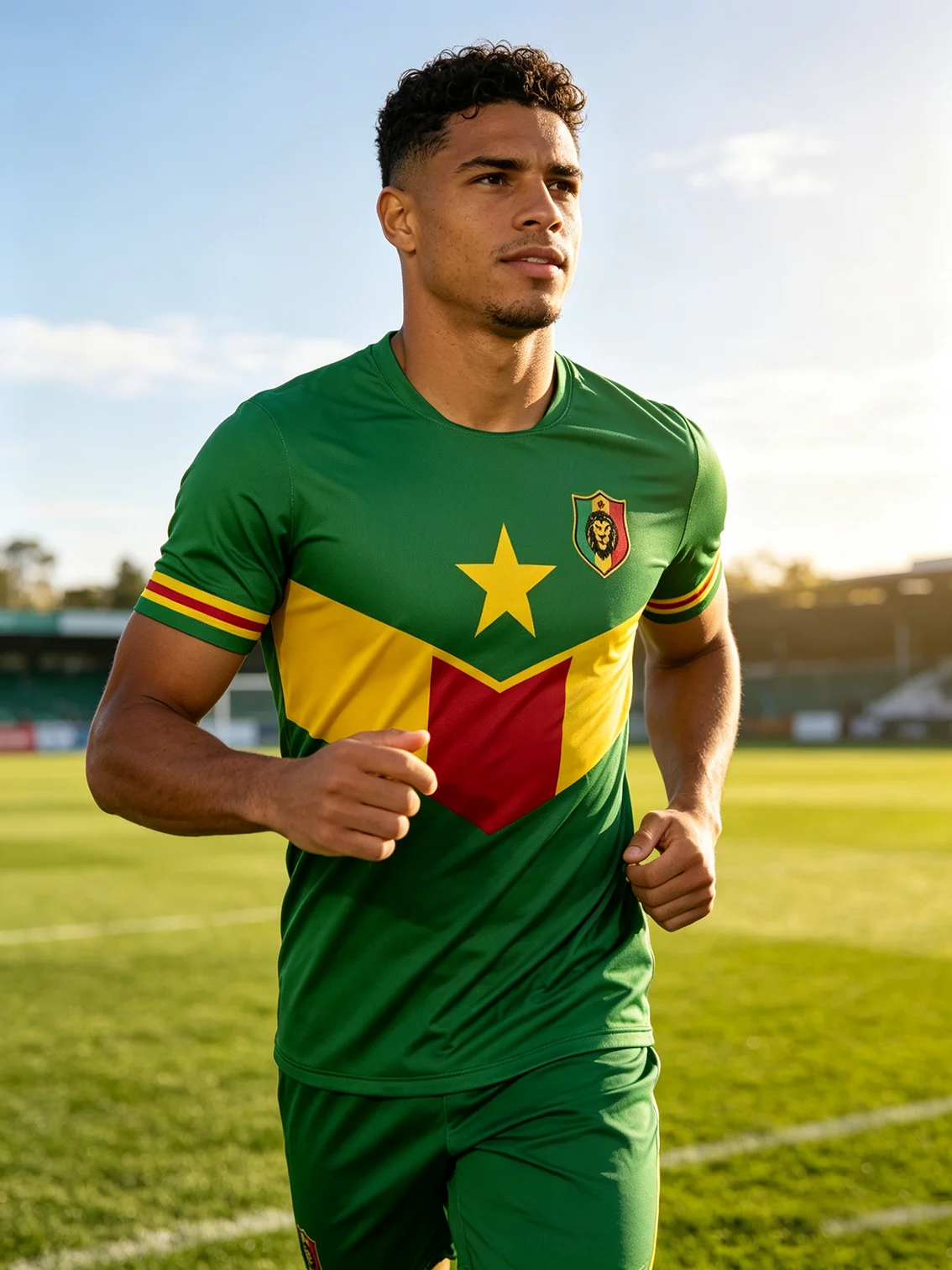 Cameroon soccer jersey with national‑flag spliced pattern, chest star and lion badge carrying local team‑spirit charm