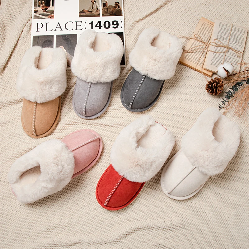 Feslishoet Women Plush Warm Home Flat Slippers Soft Comfortable Winter Cotton Shoes Indoor Plush Slippers