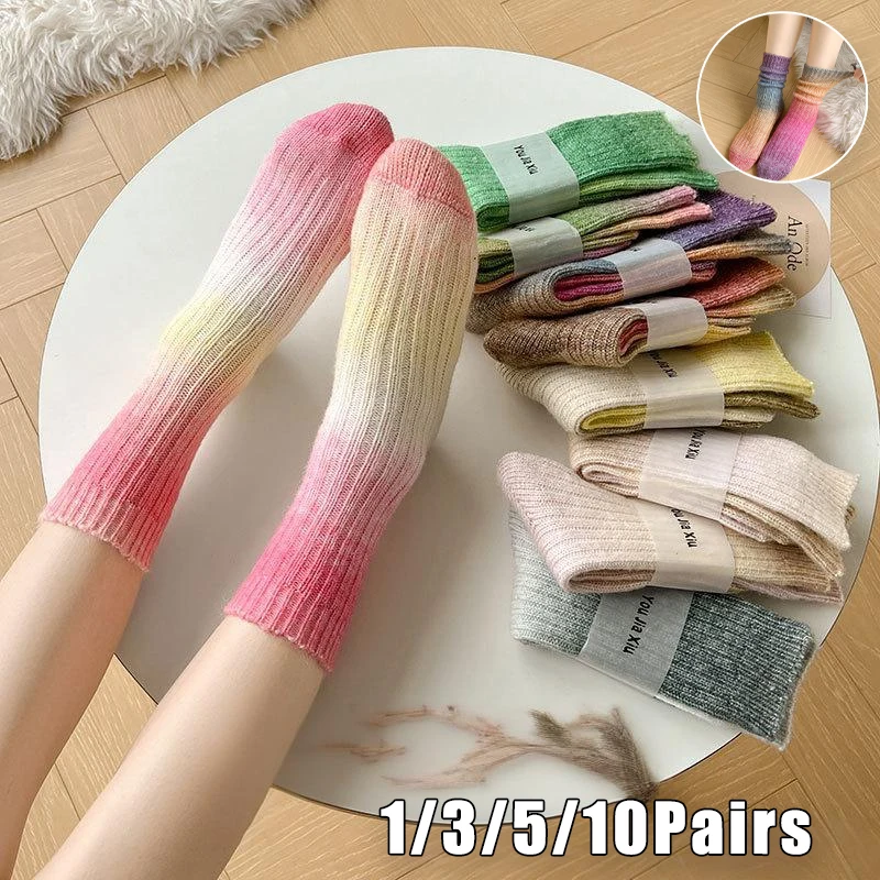Chic Tie Dye Wool Socks Women Winter Warm Fleece Lined AB Mismatch Stacked Ankle Socks Trendy Gradient Color Design