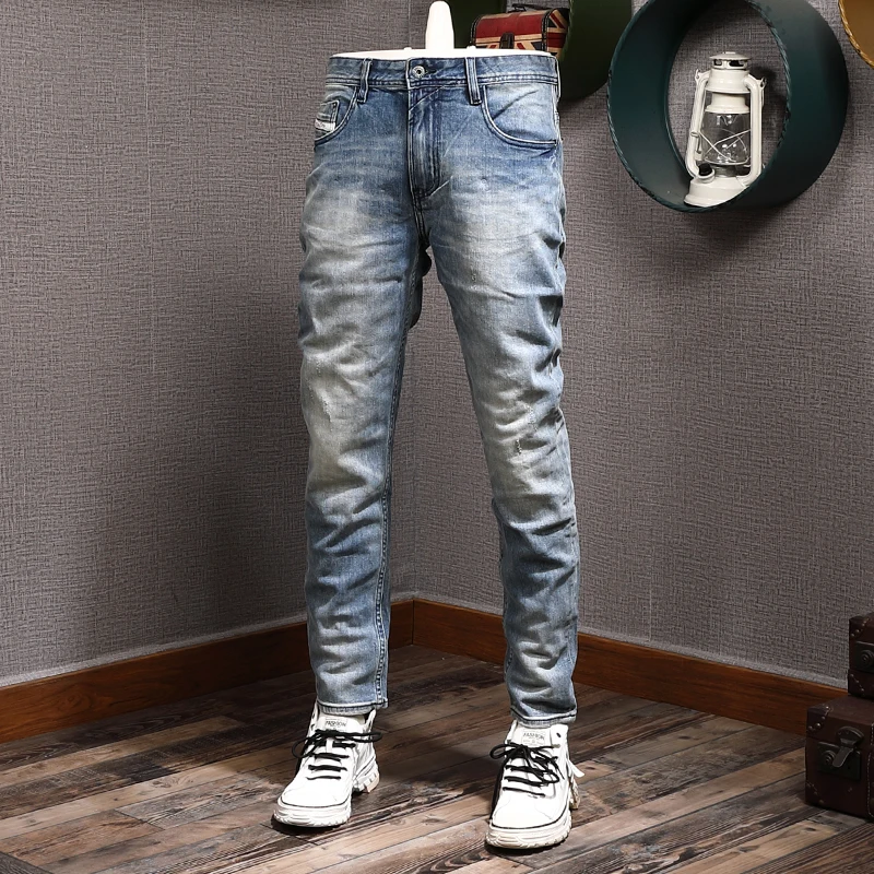 Italian Style Fashion Men Jeans High Quality Retro Blue Elastic Slim Fit Ripped Jeans Men Vintage Designer Denim Pants Hombre