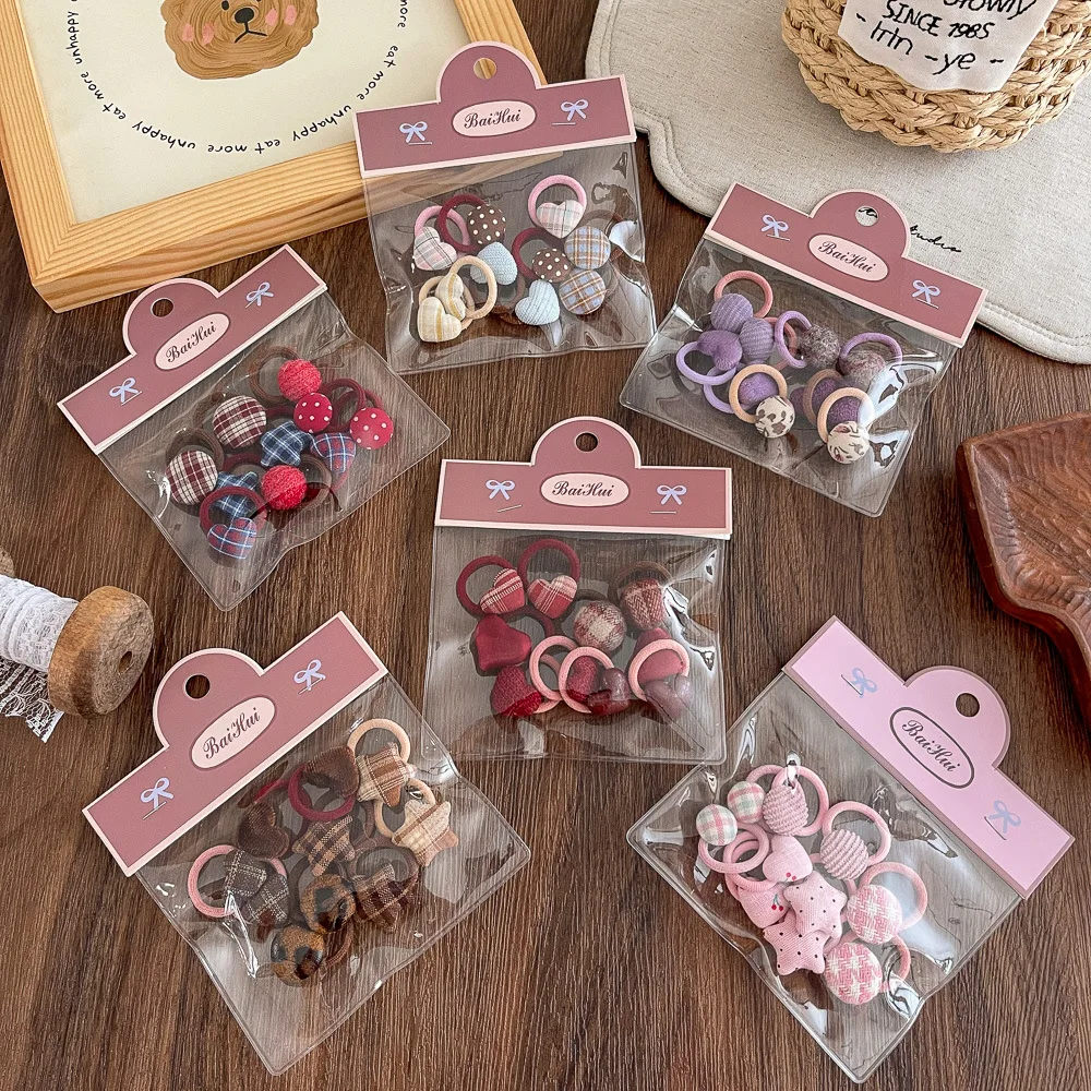 10pcs/set Mini Elastic Hair Band Plaid Love Small Girl Hair Rope Tie Rubber Band Children's Hair Accessories Headwear Headdress