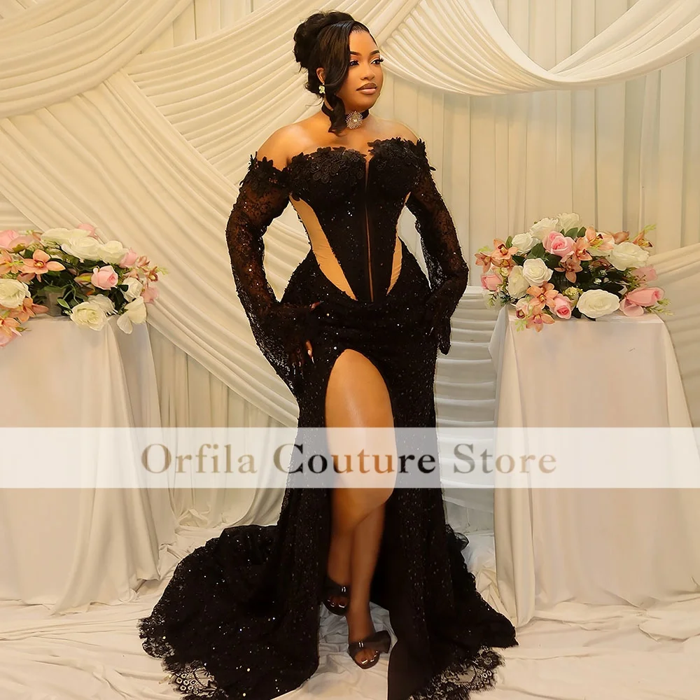 Sexy Mermaid Prom Dress Lace Beading African Evening Dresses With Long Sleeves שמלות ערב Prom Party Customized