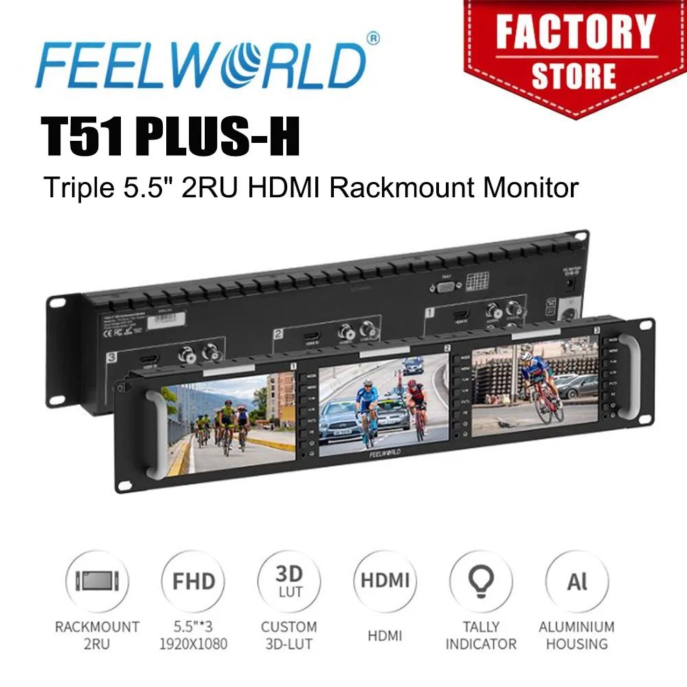 FEELWORLD T51 PLUS-H Triple pantalla montada en rack 2RU de 5,5 pulgadas Full HD 4KHMI Entrada y salida AV 1920x1080 píxeles