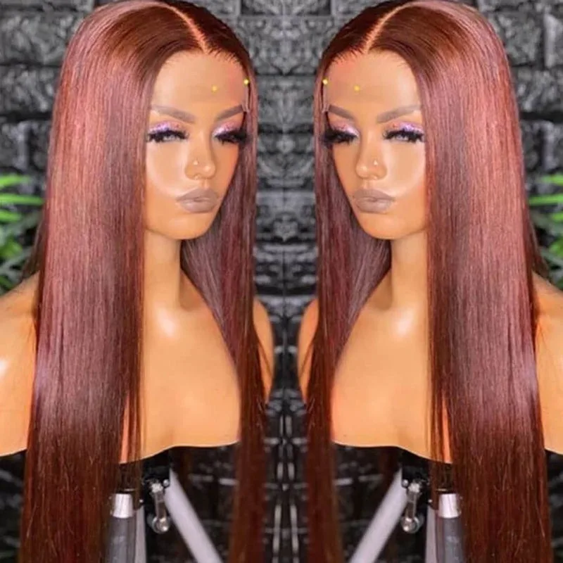 4x4 Lace Closure Wigs Human Hair Straight Reddish Brown Closure Wig Colored 4x4 Closure Wigs Brazilian Pre Plucked 200% Density