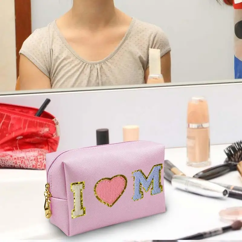 Chenille Letter Cosmetic Bag Nylon Preppy Makeup Pouch With Chenille Letter Patch Skin Care Travel Toiletry Bag Organizer For