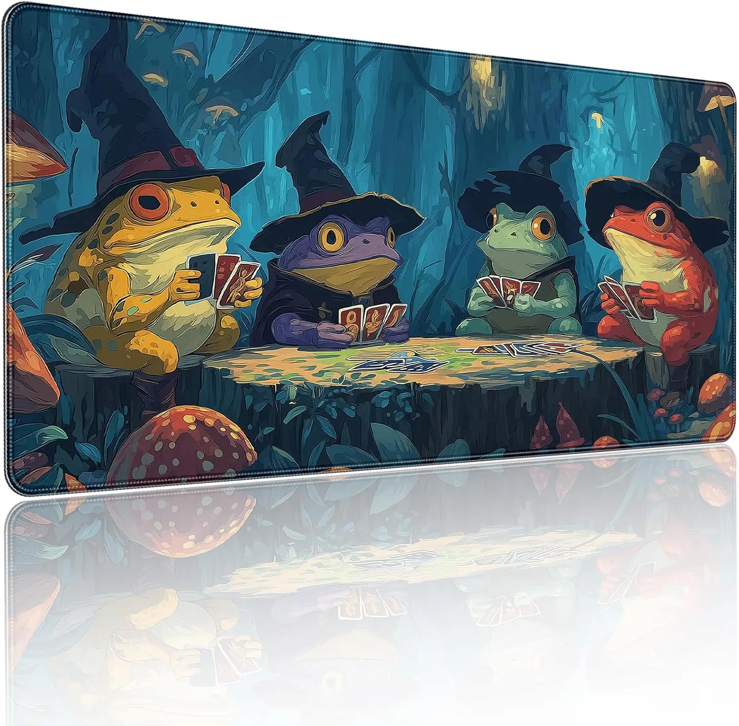 Magic Frog Wizard Gaming Mouse Pad, Whimsical Frogs With Witch Hats Card Game Scene, Stitched Non‑Slip Desk Mat for PC Keyboard