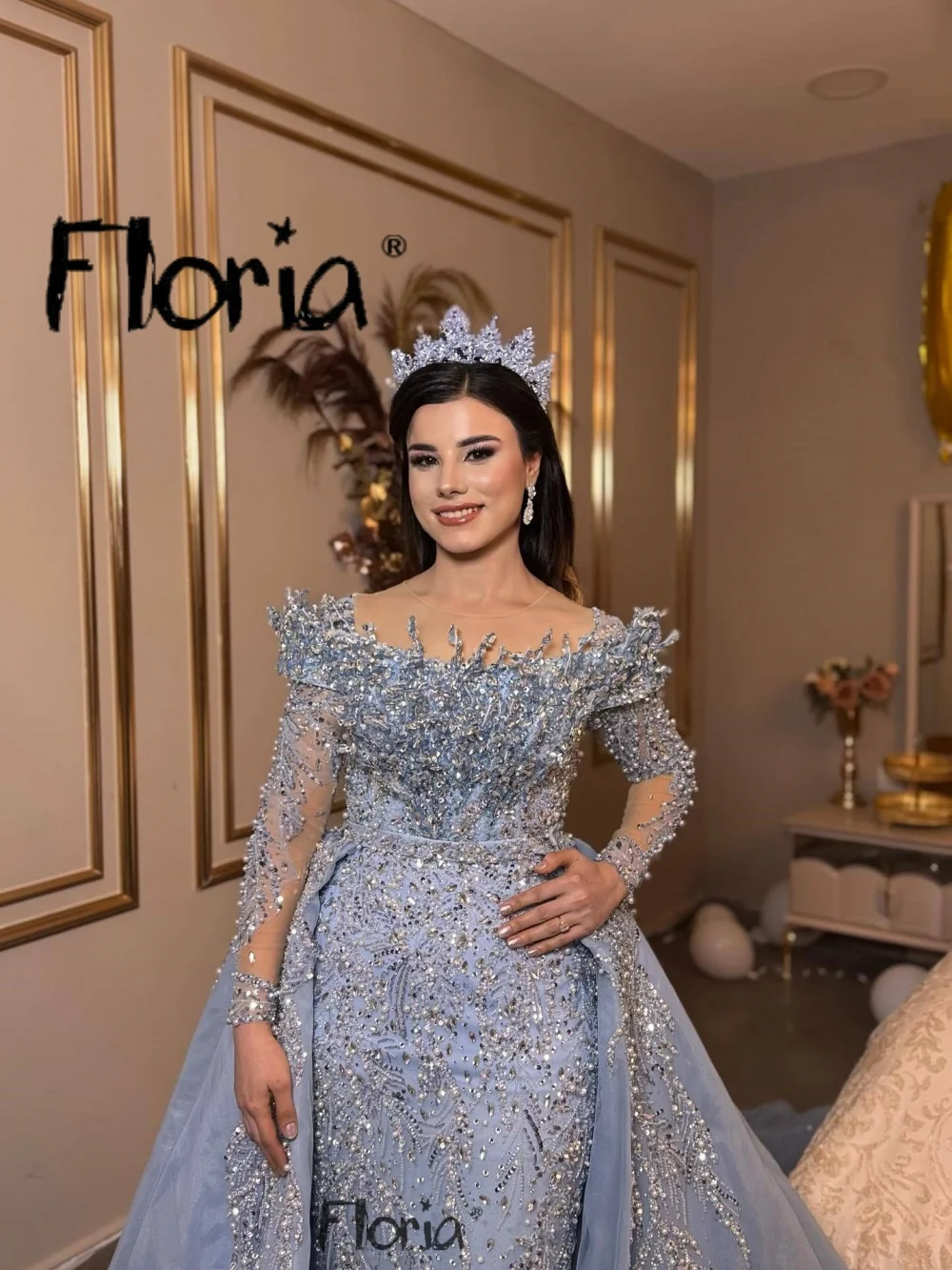 

Вечернее платье с кристаллами и длинным рукавом со съемным шлейфом, 2026, роскошные свадебные платья на Ближнем Востоке по индивидуальному заказу