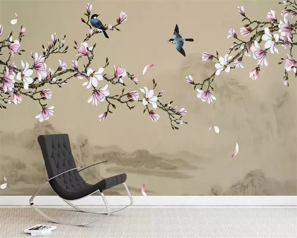 custom 3D wallpaper hand-painted White flowers branch flowers and birds mural  living room bedroom background wall 3d wallpaper