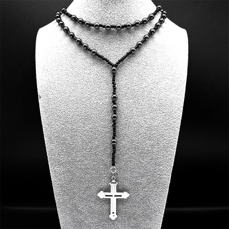 

Religion Christian Cross Pendant Stainless Steel Black Color Long Chain Statement Necklace for Women Men Payer Beads Jewelry