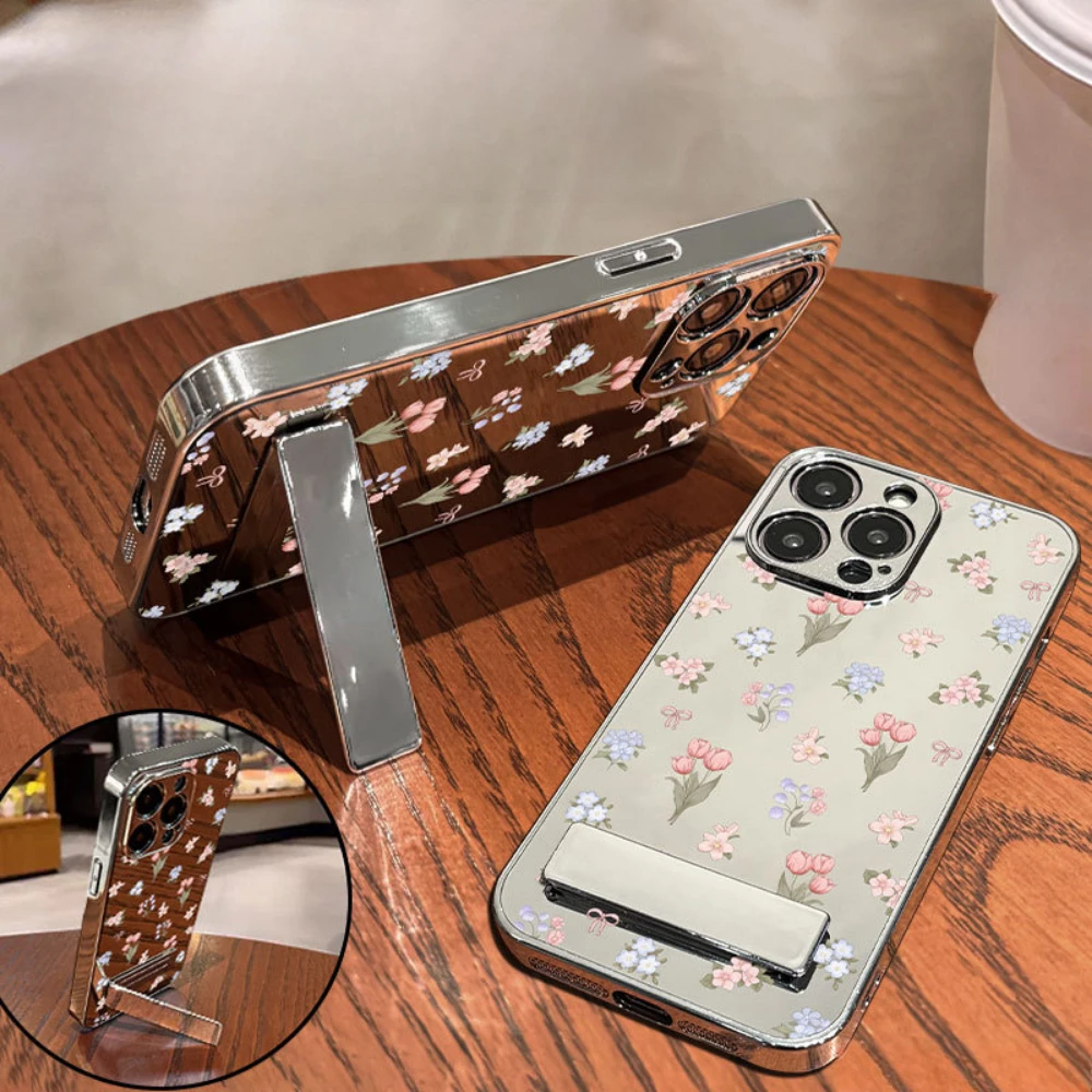 

Для Vivo X200 Pro X100 гальванический зеркальный чехол для телефона с цветочным принтом и кронштейном, роскошный защитный чехол