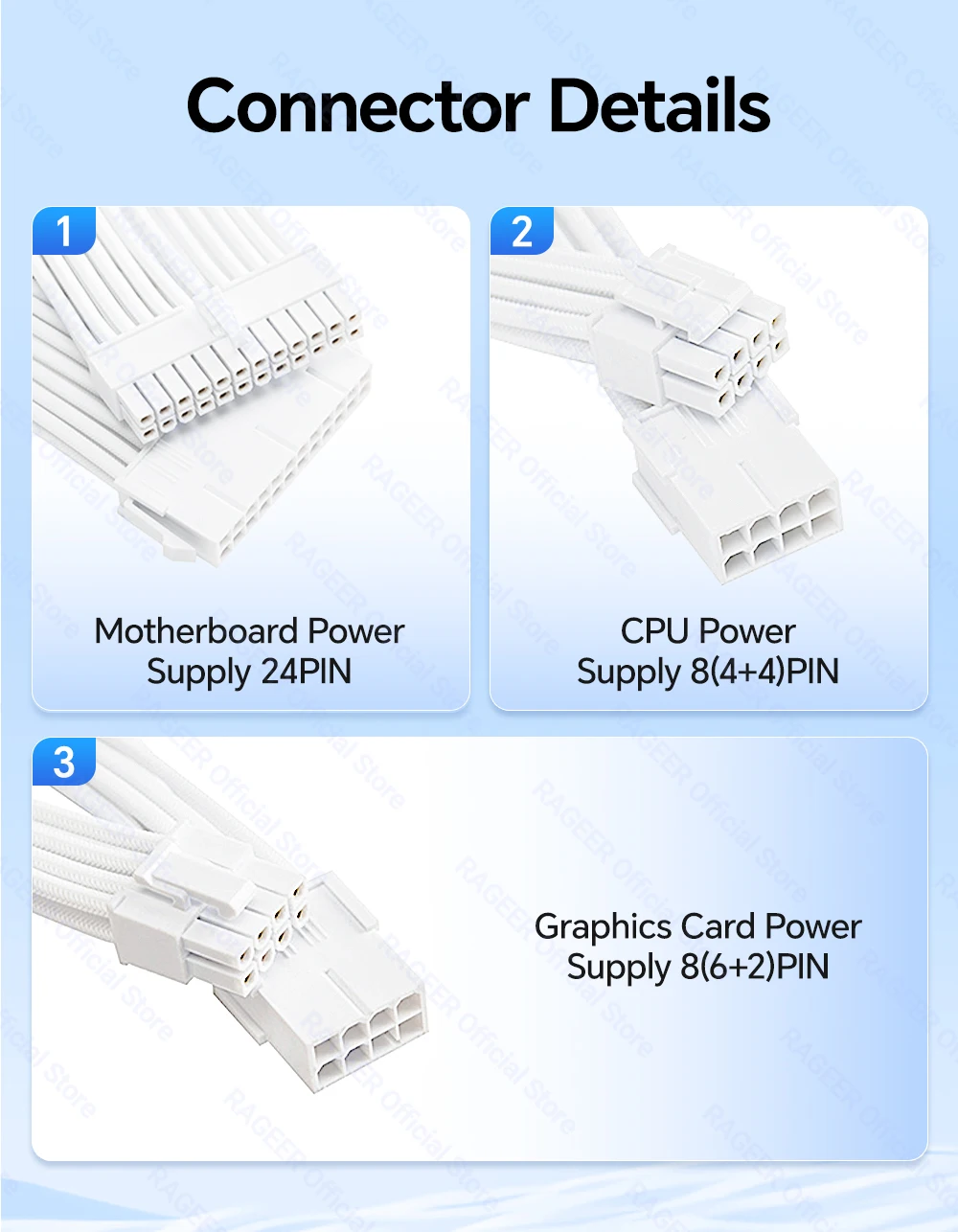 RAGEER Netzteil-Verlängerungskabel-Set, Motherboard, ATX, 24-polig, GPU, PCI-E, 6 + 2-polig, 8-polig, CPU, EPS, 4 + 4-polig, 18 AWG, Netzkabel mit Kämmen – Detail 6